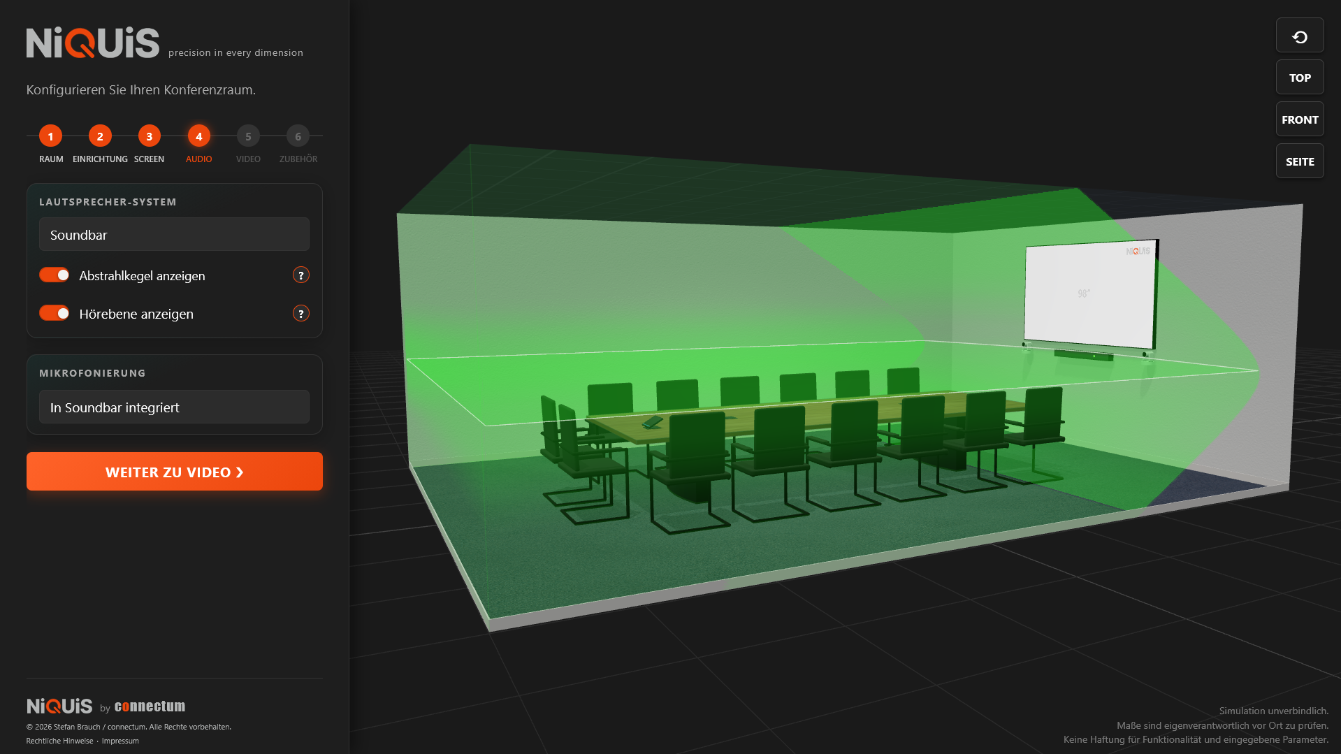 Vergleich Deckenmikrofon und Soundbar in einem Meetingraum, dargestellt in der NiQUiS 3D-Planung