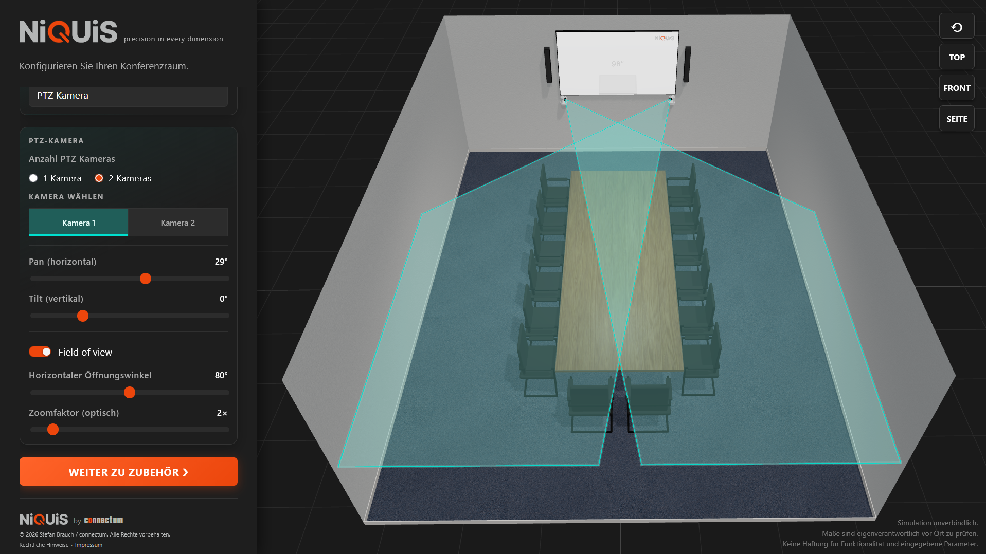 Kamera-Erfassungsbereich (Field of View) im Teams Room mit Sitzplätzen, dargestellt in der NiQUiS 3D-Planung