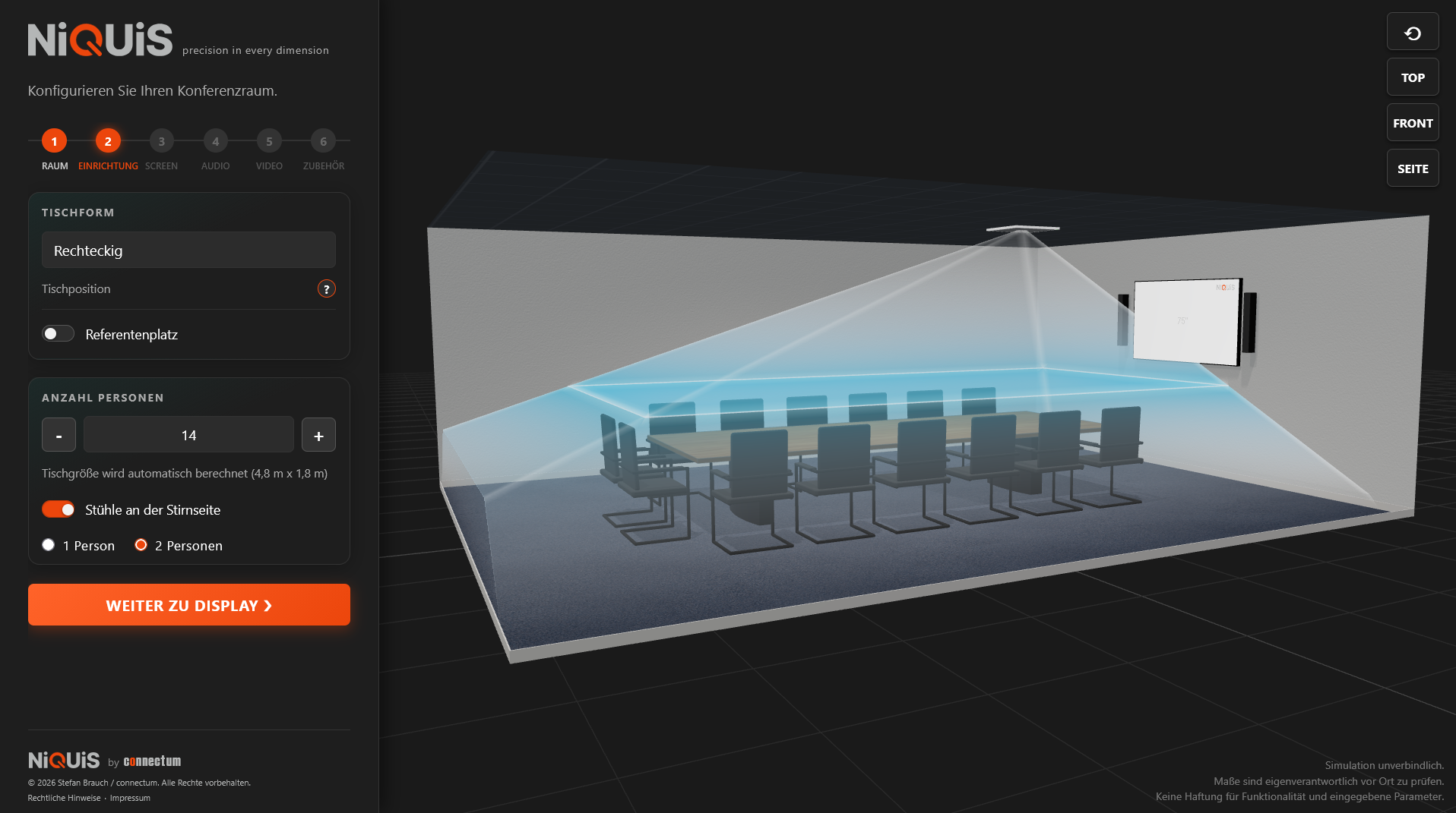 Mikrofon-Erfassungszonen auf Sprecherhöhe im Teams Room, visualisiert in der NiQUiS 3D-Planung