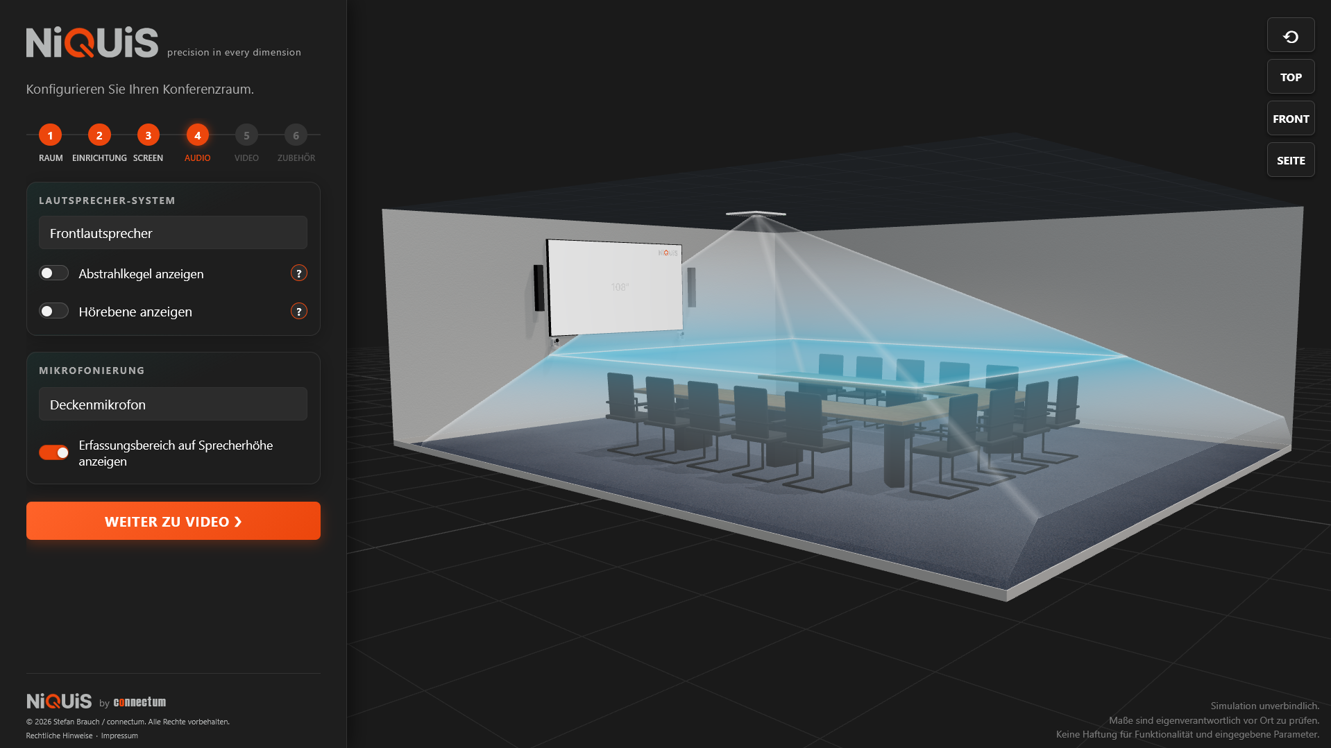 Mikrofon-Erfassungszonen auf Sprecherhöhe im Videokonferenz-Raum, visualisiert in der NiQUiS 3D-Planung